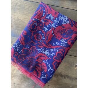 Vintage Anne Klein Women's Wool Navy Red Square Scarf Old Money Fringe‎ Hem